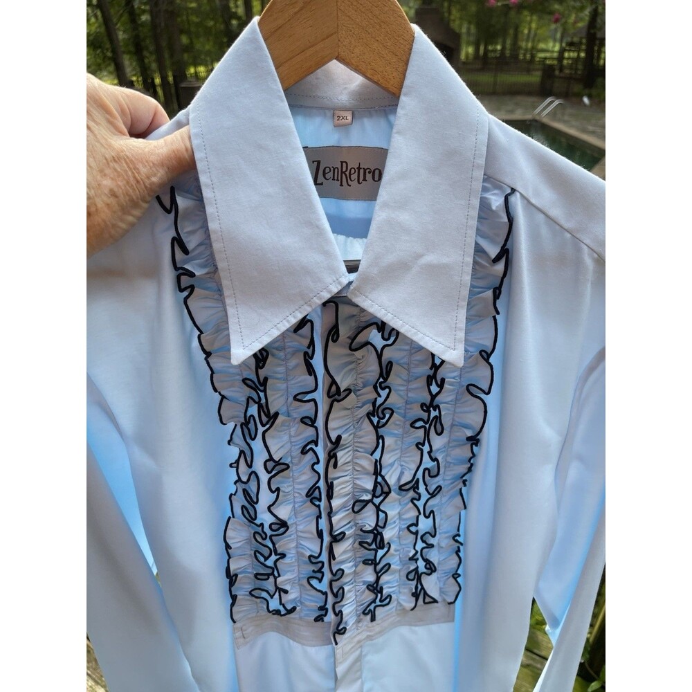 Zen Retro Ruffled Tuxedo Shirt Light Blue w Black Frill Trim Disco Mens 2XL